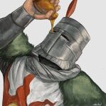  1boy arm_up armor bottle cape commentary dark_souls_(series) dark_souls_i english_commentary estus_flask green_cape grey_background helm helmet highres holding holding_bottle honey knight male_focus musteilss plume pouring redrawn solaire_of_astora solo tabard upper_body 