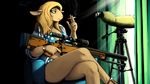  2017 anthro big_breasts blonde_hair boss_lamb_(hladilnik) breasts caprine chair cigarette cleavage clothed clothing colored crossed_legs curtains female footwear gun hair hladilnik holding_object holding_weapon inside mammal ranged_weapon rifle sandals sheep sitting smile smoking sniper_rifle suitcase telescope tripod weapon 