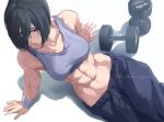  1girl abs bandaged_wrist bandages black_eyes black_hair collarbone commentary darao_(daradara_suyaaa) dumbbell highres mikasa_ackerman muscular muscular_female navel pants shingeki_no_kyojin short_hair sitting sports_bra sweat track_pants 