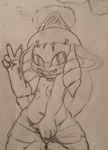  asura breasts clothed clothing covering covering_crotch female front_view grin guild_wars humanoid looking_at_viewer masturbation monochrome navel nipples pencil_(artwork) salaciouslx sketch smile solo standing topless traditional_media_(artwork) v_sign video_games 