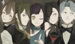 2girls 3boys alcohol animal_ears black_bow black_bowtie black_hair black_vest blue_eyes blue_hair bow bowtie brown_hair chin_(re:zero) column_lineup commentary crossdressing crossdressing_(ftm) crossdressing_(mtf) crusch_karsten cup dress drinking_glass felix_argyle formal_clothes green_eyes green_hair hair_over_one_eye highres kirataki_52 long_hair looking_at_viewer melty_pristis multicolored_hair multiple_boys multiple_girls natsuki_subaru natsumi_schwarz one_eye_closed re:zero_kara_hajimeru_isekai_seikatsu short_hair slit_pupils smile streaked_hair untranslatable_commentary vest wine wine_glass yellow_eyes 