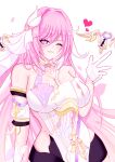  1girl ;) absurdres bare_shoulders bell black_shorts breasts cleavage commentary corset diamond-shaped_pupils diamond_(shape) elysia_(herrscher_of_human:_ego)_(honkai_impact) elysia_(honkai_impact) gloves hair_ornament heart highres honkai_(series) honkai_impact_3rd large_breasts long_hair looking_at_viewer multicolored_hair nk468 one_eye_closed pink_hair purple_eyes short_shorts shorts simple_background smile solo symbol-shaped_pupils triquetra two-tone_hair very_long_hair white_background white_corset white_gloves white_hair 
