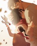  1boy 1girl bird bird_on_hand black_hair brown_hair couple crying eren_yeager facial_mark falling_leaves flower flower_in_mouth hair_between_eyes hand_in_another's_hair hand_on_another's_head hanpetos hetero holding_another's_arm hug leaf long_hair looking_at_another mikasa_ackerman parted_bangs parted_lips pink_shawl ponytail red_flower red_rose red_scarf rose scar scar_on_cheek scar_on_face scarf shawl shingeki_no_kyojin shirt short_hair tears upper_body white_bird white_shirt 