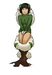  black_hair breasts clothing cotton dark_skin dryad female hair humanoid leaf looking_at_viewer monster_girl_(genre) not_furry plant pointy_ears red_eyes smile solo standing sweater thundragon wood 