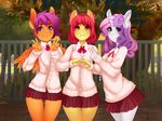  2017 aged_up anthro anthrofied apple_bloom_(mlp) clothed clothing cutie_mark_crusaders_(mlp) earth_pony equine feathered_wings feathers female friendship_is_magic green_eyes group hair hi_res horse long_hair looking_at_viewer mammal multicolored_hair my_little_pony orange_feathers outside pegasus pony purple_eyes purple_hair red_hair scootaloo_(mlp) skirt smile sweetie_belle_(mlp) tolsticot two_tone_hair v_sign wings 