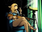  2017 anthro big_breasts blonde_hair boss_lamb_(hladilnik) bra breasts caprine chair cigarette cleavage clothed clothing colored crossed_legs curtains ear_piercing female footwear gun hair hladilnik holding_object holding_weapon inside mammal navel open_shirt panties piercing ranged_weapon rifle sandals sheep sitting smile smoking sniper_rifle spots suitcase telescope tripod underwear watch weapon 