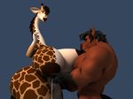  3d_(artwork) anthro anthroanim areola big_breasts black_hair breasts digital_media_(artwork) duo equine female fur giraffe hair huge_breasts hyper hyper_breasts hyper_muscles kenja_giraffe lactating male mammal milk muscular muscular_male nipples nude sebastian_horse simple_background smile 