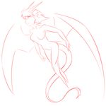  2015 animal_humanoid breasts butt dragon dragon_humanoid featureless_breasts female flying hair hi_res horn humanoid line_art membranous_wings monochrome monster_girl_(genre) nude scalie short_hair simple_background sketch solo spread_wings thundragon white_background wings 