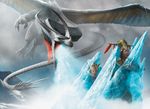  david_gaillet dragon feathered_wings feathers feral flying frozen group horn human ice long-tail long_neck magic_the_gathering mammal official_art open_mouth perspective quadruped wings 