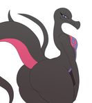  2017 absurd_res anthro anthrofied big_butt butt female flat_chested hi_res huge_butt lizard long_neck looking_at_viewer nintendo pok&eacute;mon pok&eacute;morph purple_sclera reptile salazzle scalie simple_background smile solo sssonic2 thick_thighs video_games white_background wide_hips 