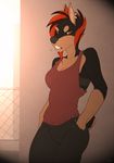 2015 annoyed anthro black_bottomwear black_clothing black_fur black_nose black_pants black_tail breasts brown_eyes brown_fur brown_hair brown_tail canine cleavage clothed clothing digital_media_(artwork) doberman dog dominate_(artist) ear_piercing facial_piercing female front_view fully_clothed fur hair hand_in_pocket industrial_piercing lip_piercing mammal multicolored_fur multicolored_hair multicolored_tail orange_hair pants piercing pink_clothing pink_shirt pink_topwear portrait red_(bigmaster) shirt short_hair signature solo standing tank_top teeth three-quarter_portrait two_tone_fur two_tone_hair two_tone_tail 