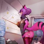  2017 5_fingers anthro black_markings blush breasts butt canine clothing detailed_background female fox fur gloves_(marking) hair inside legwear looking_back low-angle_view mammal markings office ozi-rz pink_eyes pink_fur purple_hair pussy rear_view selene_leni solo thigh_highs white_fur 