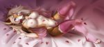  2017 aimi anthro areola big_breasts blue_eyes breasts brown_fur brown_hair canine clothing convenient_censorship female fur green_eyes hair half-closed_eyes heterochromia legwear long_hair looking_at_viewer lying mammal mostly_nude navel nipples on_back petals pink_nipples plant rose_(flower) solo white_fur 