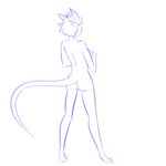  2015 breasts butt female hair hi_res horn humanoid line_art monster_girl_(genre) rear_view reptile scalie short_hair side_boob simple_background sketch solo standing thundragon white_background 