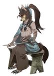  2017 anthro bench braided_hair brown_hair canine claws clothed clothing female fox hair holding_object kaiserbyte lingrimm mammal melee_weapon ponytail raakel simple_background sitting solo sword weapon white_background 