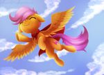  2017 cape clothing cloud cutie_mark equine eyes_closed feathered_wings feathers female feral flying friendship_is_magic hair low-angle_view mammal my_little_pony orange_feathers outside pegasus purple_hair scarlet-spectrum scootaloo_(mlp) sky smile solo wings 