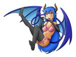  &lt;3 &lt;3_eyes blue_hair bra breasts clothed clothing demon feet flying hair horn humanoid legwear long_hair navel open_mouth partially_clothed pointy_ears red_eyes sex_gesture smile spade_tail spread_wings succubus thigh_highs thundragon underwear wings 