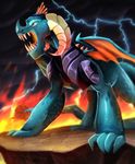  2017 big_teeth blue_scales crown dragon dragon_lord_torch_(mlp) feral fire friendship_is_magic horn lightning male membranous_wings my_little_pony open_mouth outside scales scalie scarlet-spectrum sky solo spade_tail spines teeth wings 