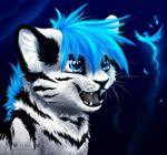  2015 ambiguous_gender black_fur black_lips black_nose blue_eyes blue_hair feline feral fur hair mammal reysi smile solo teeth tiger tongue whiskers white_fur 