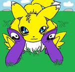  anthro bangs black_sclera blue_eyes bridal_gauntlets canine chest_tuft clothing cloud cute digimon female fluffy fluffy_tail fox fur grass looking_up mammal mountain peaceful_scenery raised_tail renamon sharkamon smile tuft white_fur yellow_fur yin_yang 