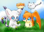  balloon blue_eyes blush cat clothing cute digimon ear_tuft feline female fur gatomon gloves grass isi-daddy long_tail male mammal orange_fur patamon ring tail_ring tail_tuft tuft whiskers white_fur wings 