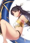  absurdres asymmetrical_legwear bandeau bare_legs bare_shoulders barefoot black_gloves black_hair black_panties black_ribbon breasts detached_collar earrings elbow_gloves enosan eyebrows_visible_through_hair fate/grand_order fate_(series) gloves hair_ribbon heavenly_boat_maanna highres hoop_earrings invisible_chair ishtar_(fate/grand_order) jewelry long_hair looking_at_viewer looking_down md5_mismatch medium_breasts panties red_eyes ribbon simple_background single_elbow_glove single_thighhigh sitting solo stomach thighhighs twitter_username underwear weapon white_background 