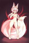  2016 animal_humanoid armpits aura big_tail black_sclera breasts canine clothed clothing female footwear fox fox_humanoid fully_clothed glowing glowing_eyes hair hi_res huge_tail humanoid inner_ear_fluff mammal navel nipples nude pale_skin pigtails pussy red_eyes red_glow sandals slit_pupils small_breasts smile smirk solo standing sub-res suzu_(sub-res) thick_thighs torn_clothing undressing white_hair wide_hips 
