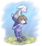  asriel_dreemurr boots boss_monster caprine child clothing duo eyes_closed fangs flower footwear fur goat kaweii long_ears mammal plant protagonist_(undertale) simple_background stripes translucent undertale video_games white_fur young 