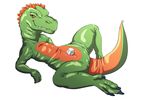  2017 anthro beezlebumawoken claws digital_media_(artwork) dinosaur female hi_res inflatable living_inflatable looking_at_viewer nude pool_toy pussy red_eyes rubber shiny smile solo spreading teeth theropod tyrannosaurus_rex 