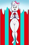  2017 anthro areola bear beverage bow breasts eyelashes female fur hair_tuft icee lonbluewolf looking_at_viewer mammal nude pattern_background pussy simple_background striped_background tasteful_nudity white_fur wide_hips 