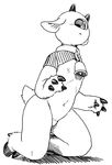  1_eye :&lt; anthro bell_collar black_and_white bottomless caprine clothed clothing collar crop_top featureless_crotch goat hooved_fingers hooves horn kigoh-neko kneeling low-angle_view male mammal medama_yagi monochrome navel nipples shirt solo 