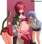  animal_humanoid belly big_belly blue_hair blush breasts butt cat_humanoid cat_tail cleavage clothed clothing expansion-fan-comics feline green_hair hair hand_on_stomach human humanoid mammal one_eye_closed open_mouth pregnant red_hair skirt smile 