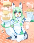  2017 abstract_background amber_eyes anthro armpits bangs black_nose blush braided_hair canine chinese_clothing chinese_dress cleavage_cutout clothing detached_sleeves dog dress eyebrows female front_view fur green_hair grey_fur hair kame_3 kemono kneeling legwear long_hair mammal multicolored_fur on_one_knee panties signature solo steam striped_panties thigh_highs two_tone_fur underwear waiter white_fur 