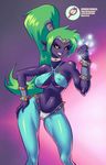  breasts clothed clothing ear_piercing female genie green_hair hair hand_on_hip piercing ponytail purple_skin shantae shantae_(series) skimpy smile supersatanson wide_hips yellow_eyes 