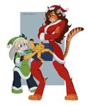  &lt;3 anthro asura big_breasts bow breasts christmas clothed clothing crossed_arms feline female fur gift guild_wars holidays humanoid mammal merunyaa orange_fur santa_suit tiger video_games 