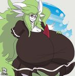  big_breasts breasts cleavage clothed clothing eyewear female gardevoir glasses green_hair hair huge_breasts hyper hyper_breasts lionalliance long_hair nintendo pok&eacute;mon red_eyes smile solo video_games white_skin 