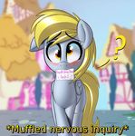  2017 blurred_background cross-eyed cute depth_of_field derpy_hooves_(mlp) equine female feral friendship_is_magic fur grey_fur hair january3rd letter looking_at_viewer mammal my_little_pony onomatopoeia pegasus solo sound_effects text wings yellow_eyes 