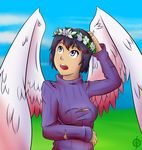  angel breasts clothed clothing female flower_crown fully_clothed hair humanoid multicolored_hair not_furry open_mouth outside portrait solo standing sweater thundragon torn_clothing two_tone_hair wings 
