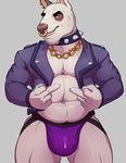  anthro bulge bull_terrier canine clothing dog ear_piercing facial_piercing jockstrap knuxlight male mammal middle_finger nose_piercing nose_ring piercing solo tito_(thelastlonewolf) underwear 