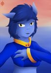  blue_hair blue_skin breasts clothed clothing female hair horn humanoid looking_at_viewer not_furry open_mouth pointy_ears portrait short_hair smile solo tennegrin thundragon zeraphy 