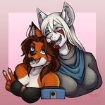  2017 anthro blue_eyes canine clothed clothing duo ear_piercing facial_piercing fauxor female fox fully_clothed grey_eyes hair jackal kayla_moon lip_piercing long_hair lucienne_sanka mammal nose_piercing nose_ring piercing selfie smile tattoo 