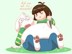  asriel_dreemurr belly big_belly boss_monster caprine chara clothing crying dialogue duo english_text fur goat knife male mammal monster navel open_mouth pancak3 smile sweater tears text undertale video_games white_fur 