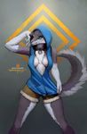  anthro blue_eyes breasts canine chest_tuft cleavage clothed clothing dog ear_piercing female fur hoodie husky invalid_tag jewelry looking_at_viewer mammal name_tag piercing psyk323 revealing_(disambiguation) shorts simple_background solo text tuft unzipped 