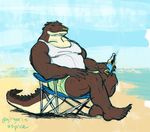  2015 5_fingers 5_toes alligator anthro beach big_tail black_claws blue_sky bottle brown_scales brown_tail chair claws clothed clothing crocodilian digital_media_(artwork) eyes_closed facial_piercing feet full-length_portrait grey_clothing grey_shirt grey_topwear holding_bottle holding_object long_tail male mekeoshark multicolored_scales multicolored_tail nose_piercing nose_ring outside piercing plantigrade portrait rasmus_(bigmaster) reptile sand scales scalie sea seaside septum_piercing shirt shorts signature sitting sky smile solo tank_top thick_tail toe_claws toes two_tone_scales two_tone_tail water white_scales white_tail 