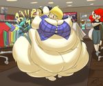  anthro belly big_belly big_breasts breasts burger cleavage clothed clothing food mississippi-biscuit obese overweight skimpy stomach_noises torn_clothing 
