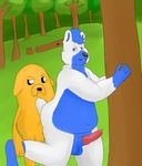  adventure_time bear cartoon_network forest jake_the_dog kuma(character) lavench male male/male mammal outside sex tree 