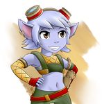  blue_skin clothed clothing ear_piercing eyewear female fully_clothed goggles hands_on_hips humanoid league_of_legends navel piercing pointy_ears smile solo standing teeth thundragon tristana_(lol) video_games yordle 
