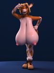  2017 3d_(artwork) annabelle_cow anthro anthroanim armpits big_breasts blonde_hair bovine breasts cattle cleavage clothed clothing digital_media_(artwork) female fur hair horn huge_breasts hyper hyper_breasts looking_at_viewer mammal one_eye_closed pose simple_background smile solo standing wink 