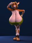  2017 3d_(artwork) annabelle_cow anthro anthroanim armpits big_breasts blonde_hair bovine breasts cattle cleavage clothed clothing digital_media_(artwork) female fur hair horn huge_breasts hyper hyper_breasts looking_at_viewer mammal one_eye_closed pose shirt simple_background smile solo standing wink 