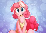  &lt;3 2017 apron big_eyes blue_background blue_eyes clothing cute digital_media_(artwork) earth_pony english_text equine eyelashes female feral fluffyxai friendship_is_magic front_view fur hair horse looking_at_viewer mammal my_little_pony open_mouth pink_fur pink_hair pink_tail pinkie_pie_(mlp) pony quadruped signature simple_background sitting smile solo teeth text 